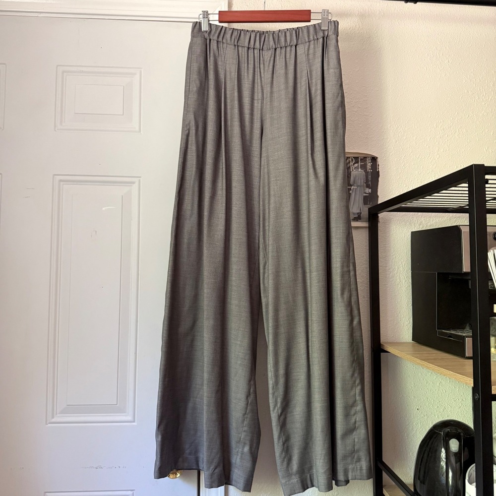 TWP grey virgin wool silk pleated front pull on wide flare leg trousers pants